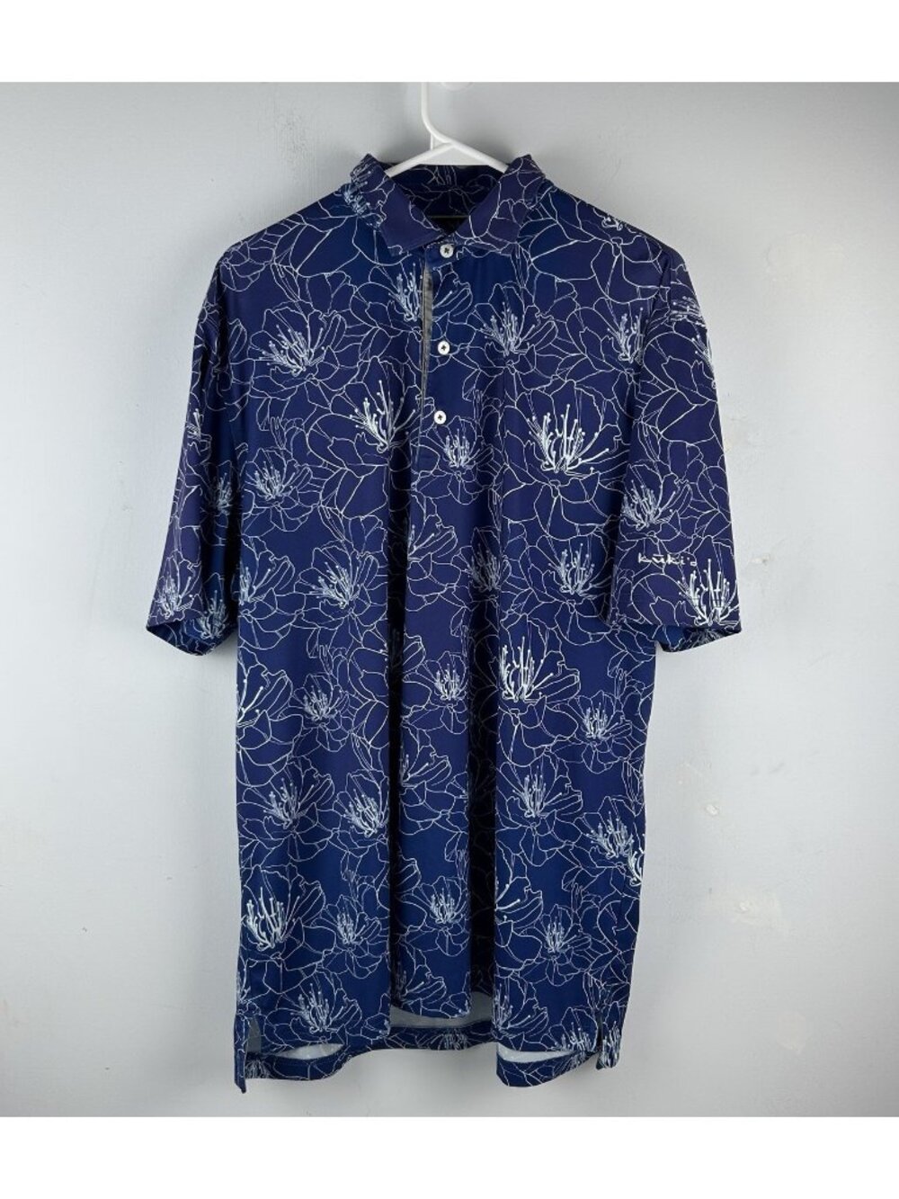 Johnny O Polo Shirt Mens Large Blue Floral Allover Print Logo Kukio Golf Preppy